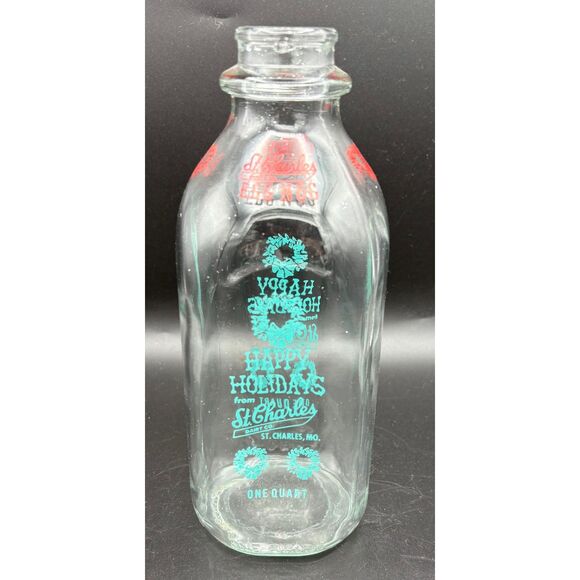 VTG St. Charles Diary Co. Glass Eggnog Bottle Missouri Christmas Blue Red - Picture 1 of 5